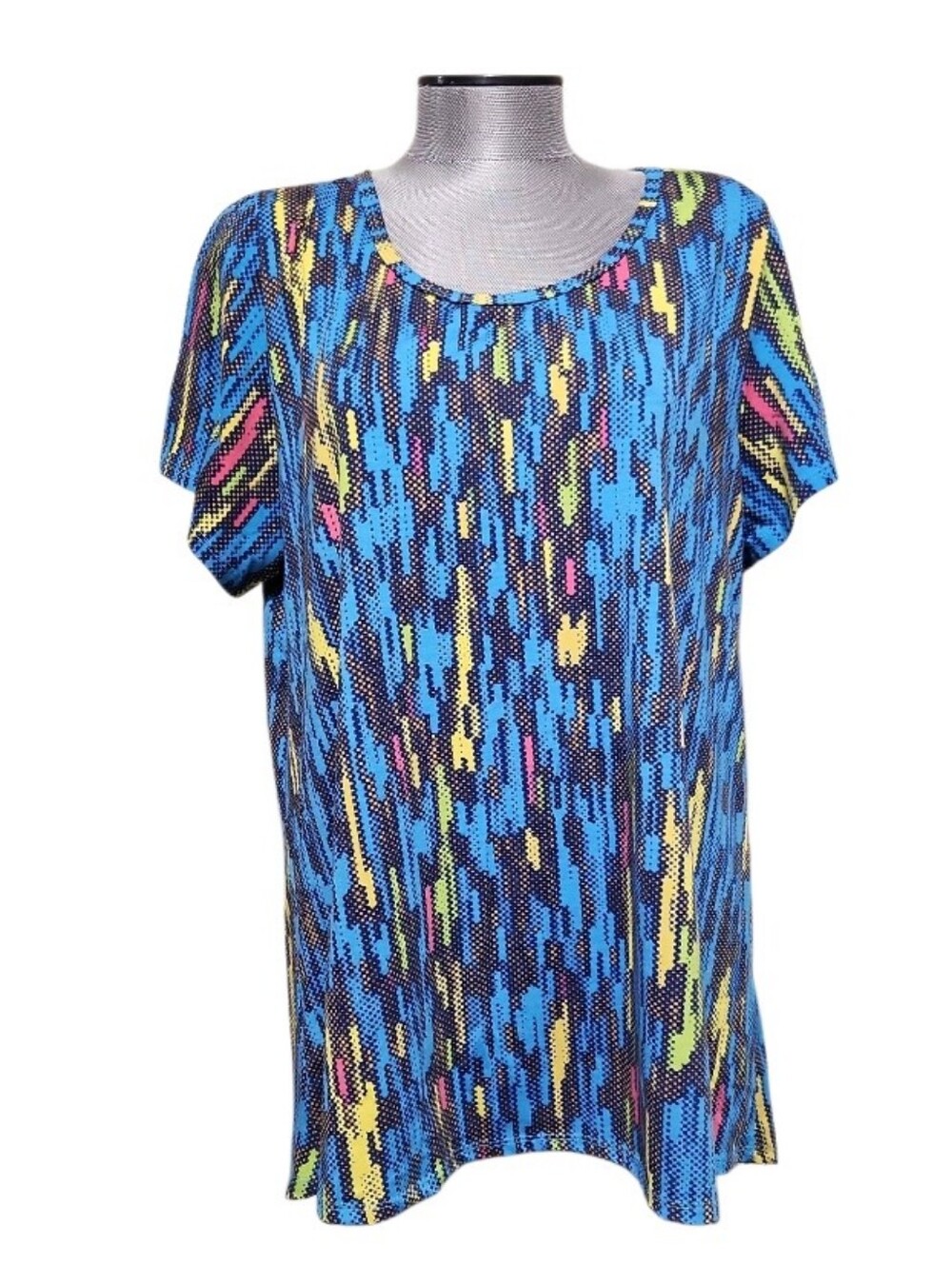 LuLaRoe Irma Tunic Vibrant Blue, Yellow, Pink, Navy Abstract Print Tunic (2XL)